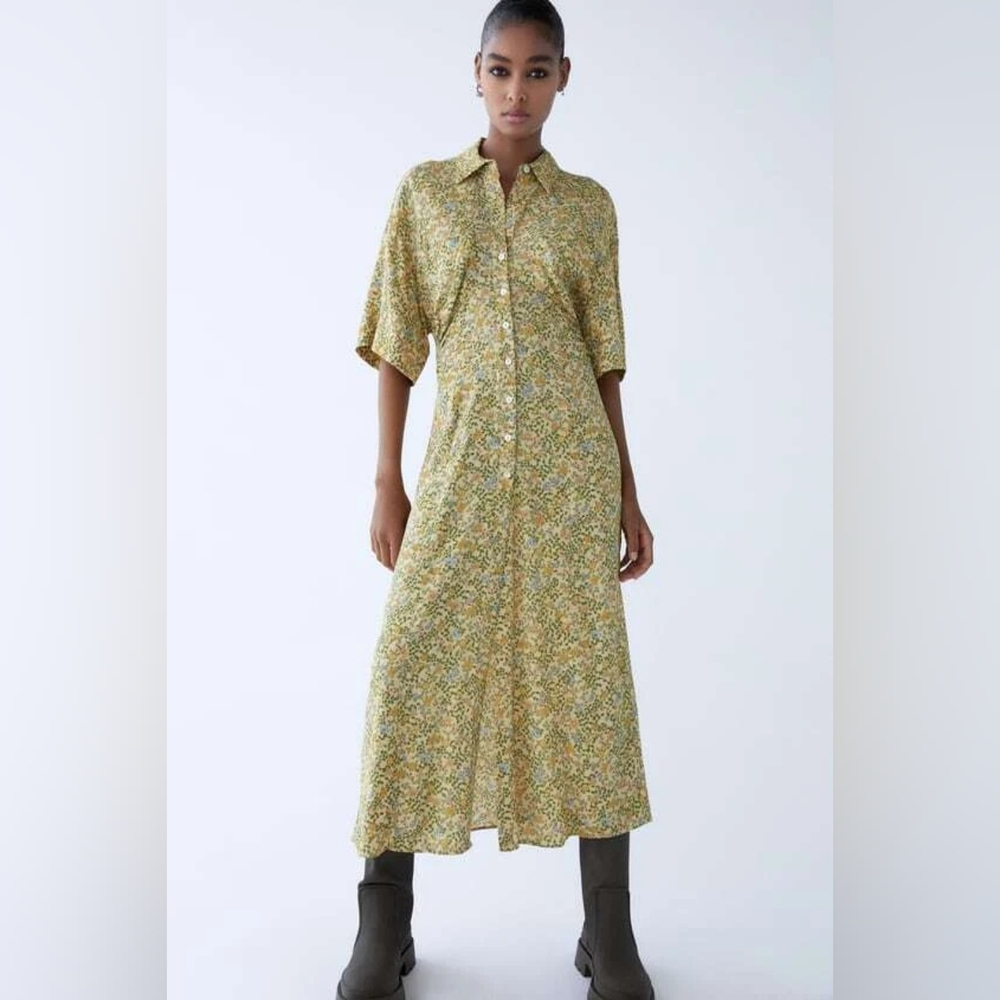 ZARA Floral Printed Vintage Inspired Maxi Midi Shirt Dress Yellow Multi